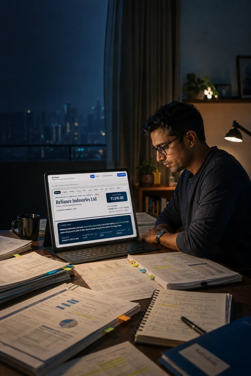 Retail investor comparing printed research reports while reviewing TruInsight on a laptop
